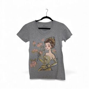 Disney Belle Beauty and Beast Graphic T-Shirt V-Neck Gray Glitter Women's Small